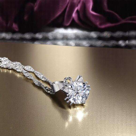 925 Sterling Silver Cat Jewelry Set – CZ Pendant Necklace & Earring - Picture 10 of 13